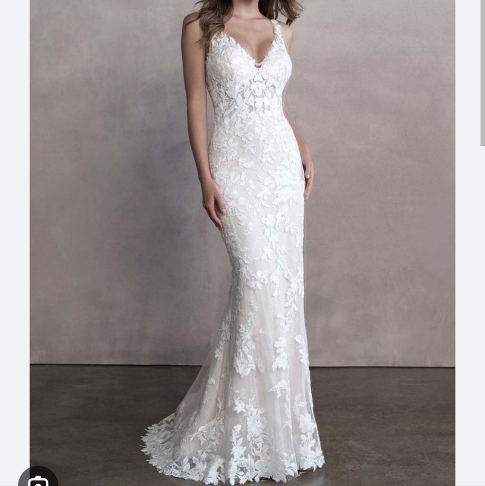 Allure Bridal champagne colored lace wedding dress w/ sleeves